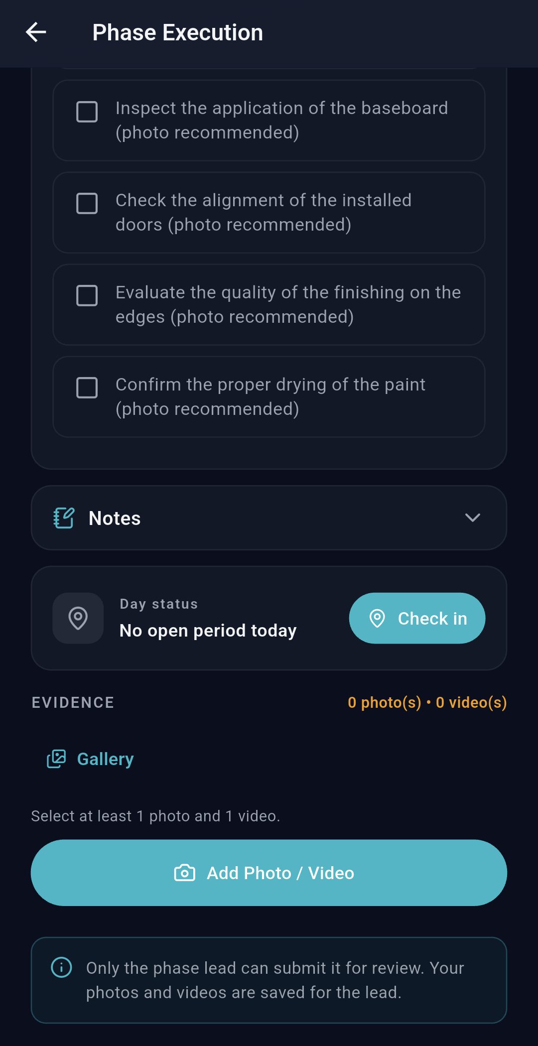 OX app — check-in and evidence